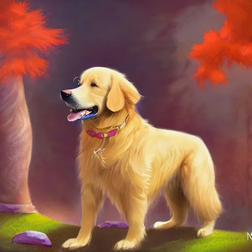 Prompt: a cheerful cartoon photo of a golden retriever who\'s just happy to be here, by noah bradley