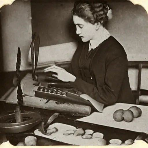 Image similar to an early 1900s photo of someone on a computer making a donut in blender