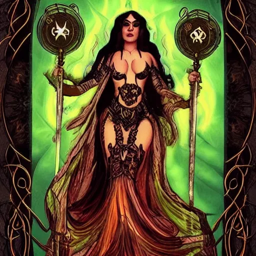 Prompt: “ tarot card of an evil gypsy from drag me to hell, doing dark magic, supernatural glow on body, art nouveau style, 4 k, hyper realistic, highly detailed, featured on artstation ”