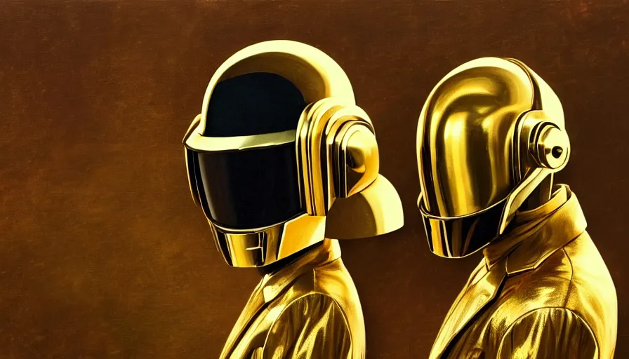 Prompt: Daft Punk album cover in the style of Alexandre Cabanel, renaissance, intricate detail, high resolution, moody, without gold, silver