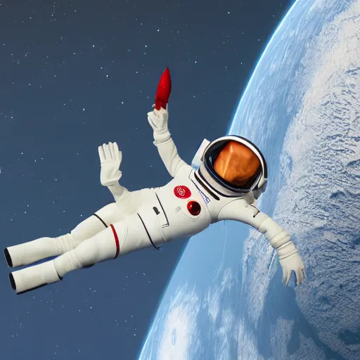 Image similar to a 3 d render of an astronaut in space holding a fox wearing lipstick