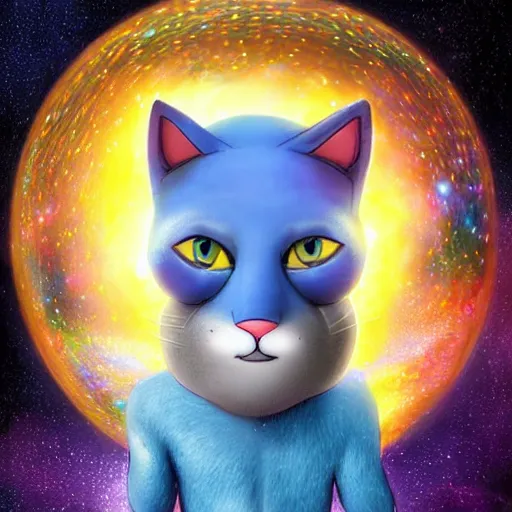 Prompt: A cute anthropomorphic blue cat man with sparkling galaxy fur worshipping a massive sphere that is brightly glowing with heavenly light, beautiful lighting, highly detailed digital art.