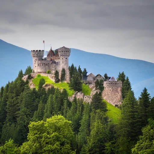 Image similar to Castle on top of a mountain, mountain top castle, medieval castle, in the distance, taken from afar, 8k, photography