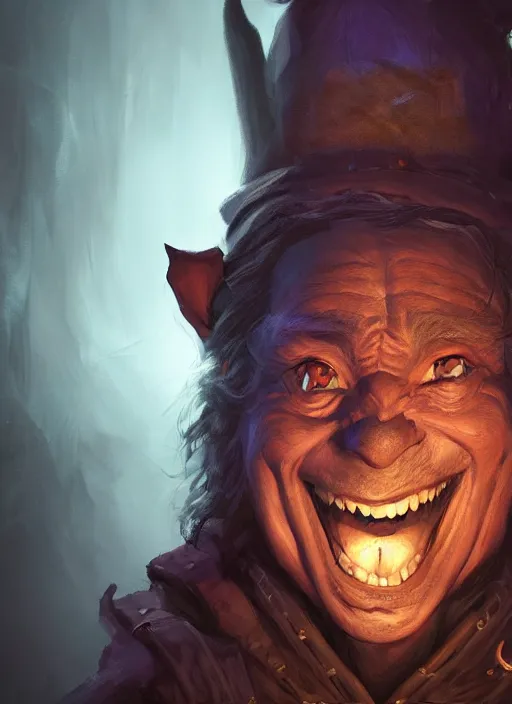 Image similar to A fantasy comic book style portrait painting of a happy and intelligent hobgoblin as a Sorcerer in a atmospheric dark fortress, unreal 5, DAZ, hyperrealistic, octane render, RPG portrait, ambient light, dynamic lighting