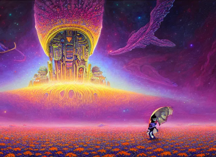 Prompt: a beautiful painting of a large alien city shrouded by mystic nebula magic in a field of flowers by moebius and android jones, oil on canvas sharp, details, hyper - detailed, hd, hdr, 4 k, 8 k