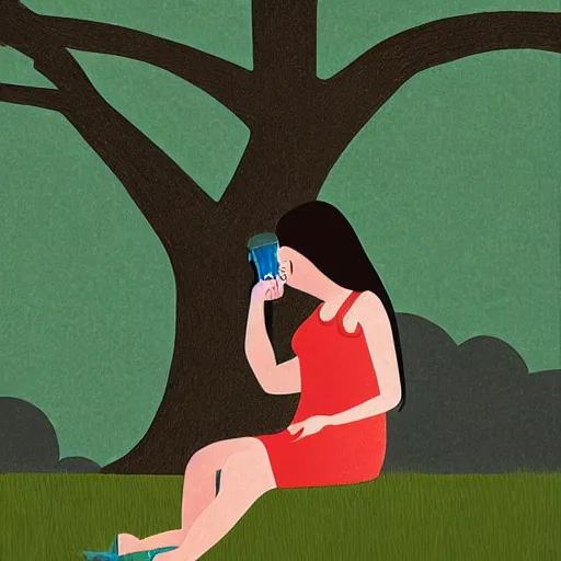 Image similar to “ girl drinking a beer under a tree, illustration by evan m. cohen ”