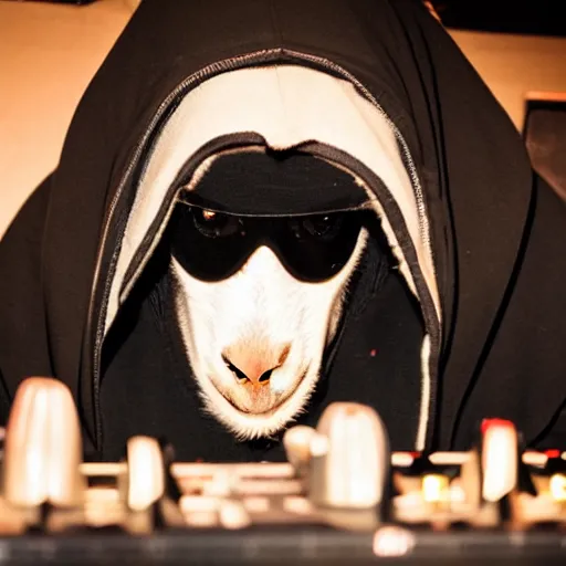 Image similar to a goat wearing a dark hooded cloak on the dj decks