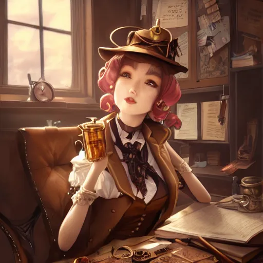 Image similar to a beautiful steampunk detective girl sitting in her office | | cute - fine - face, pretty face, fine details by stanley artgerm lau, wlop, rossdraws, james jean, andrei riabovitchev, marc simonetti, and sakimichan, trending on artstation