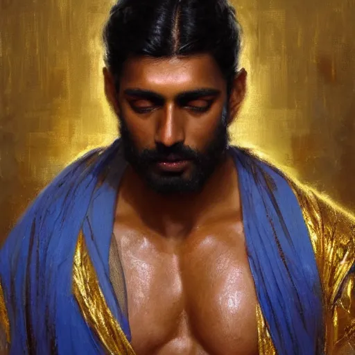 Prompt: detailed realistic cinematic wide shot of beautiful attractive muscular indian man with gold chain wearing blue bath robe slim face symettrical face clean skin black eyes black robe smooth, sharp focus, ultra realistic, spring light, painting by gaston bussiere, craig mullins, j. c. leyendecker