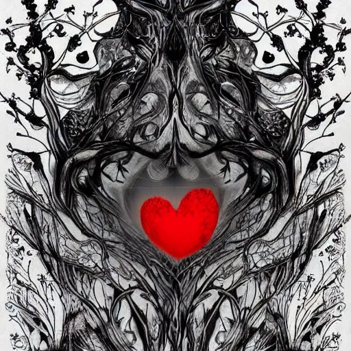 Image similar to a beautiful but creepy and haunting flower with a glowing red heart, growing deep under the sea. Digital art, detailed and intricate, beautiful, haunting
