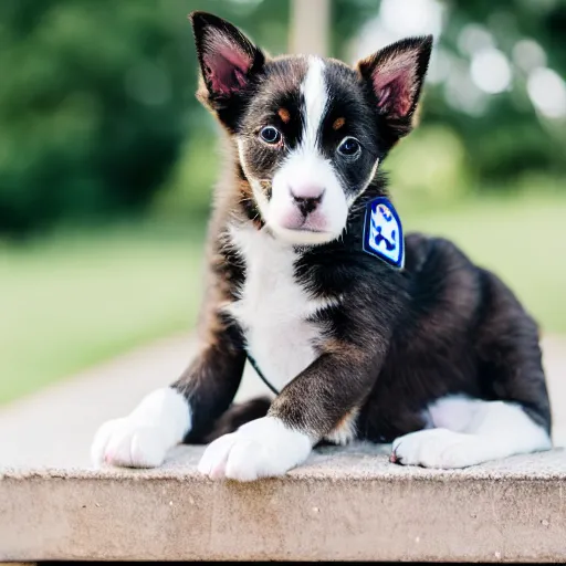 Prompt: a cute puppy wearing a policeman uniform, Canon EOS R3, f/1.4, ISO 200, 1/160s, 8K, RAW, unedited, symmetrical balance, in-frame