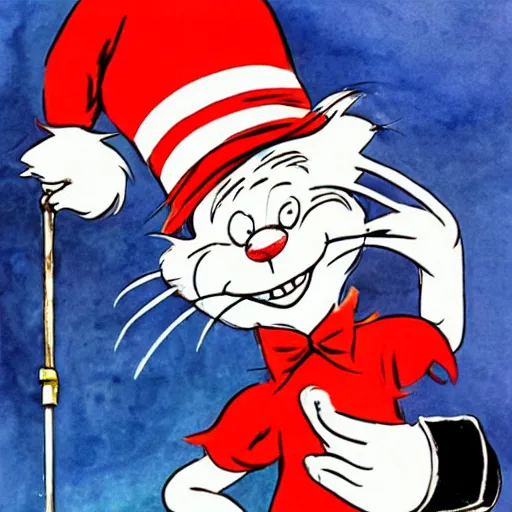 Prompt: the cat in the hat by dr. seuss, holding a hammer and sickle flag, detailed, watercolor, in the style of dr. seuss, dr. seuss, zany