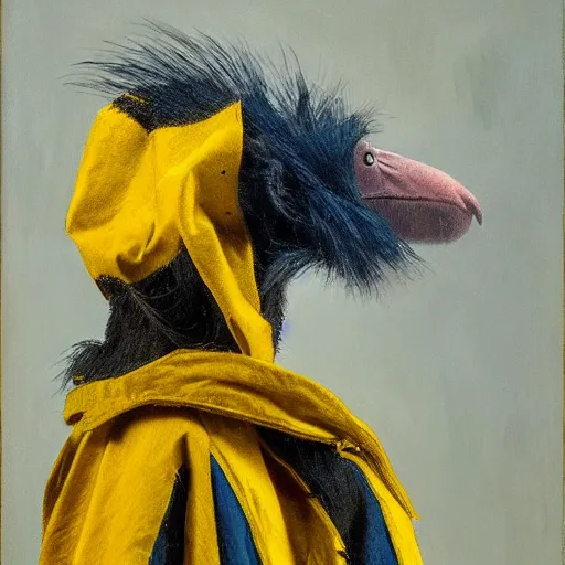 Prompt: long - eared monkey - crow creature wearing a raincoat, tonalist painting, prussian blue and hansa yellow, dramatic lighting