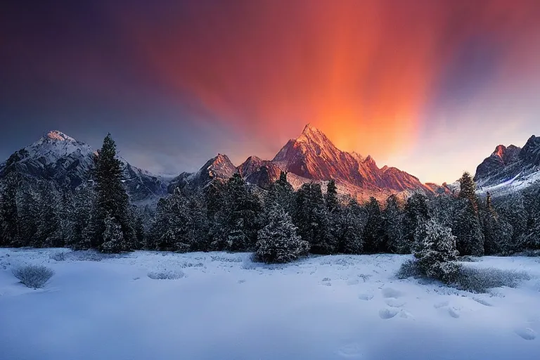 Image similar to amazing landscape photo of snowy mountains at sunset by marc adamus beautiful dramatic lighting