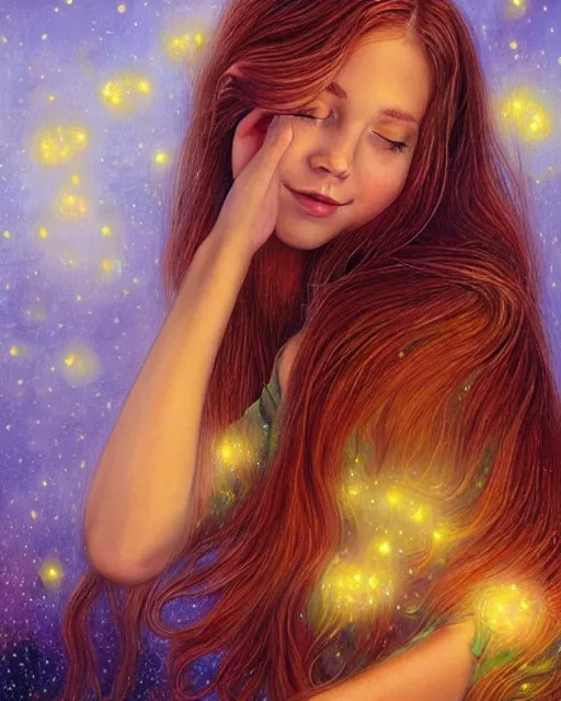 Image similar to a young woman, admiring the lights of golden fireflies, sitting in the midst of nature fully covered with a wonderful dress, long loose red hair, intricate details, green eyes, small nose with freckles, oval shape face, soft happy smile, realistic, expressive emotions, hyper realistic highly detailed art by april gornik and artgerm