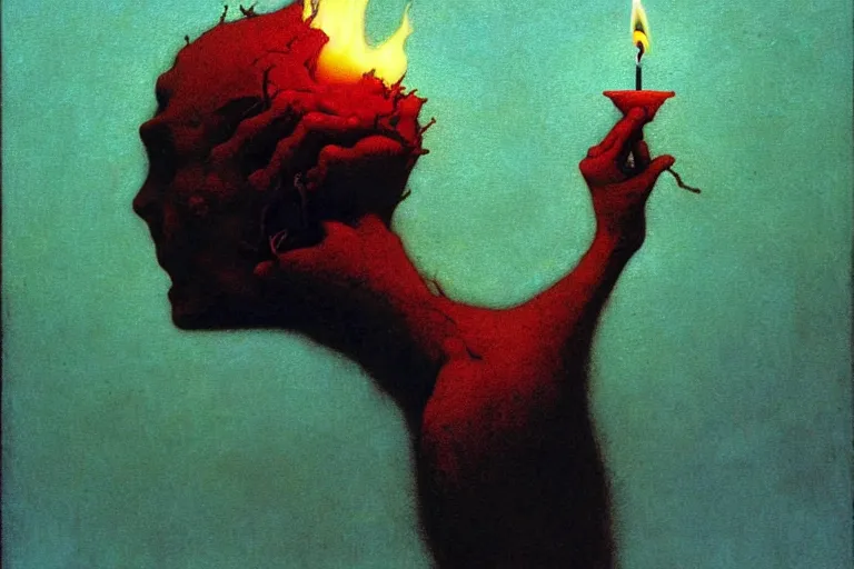 Image similar to burning out as a candle, in the style of beksinski, by roger dean, by dean ellis, intricate and epic composition, white by caravaggio, insanely quality, highly detailed, masterpiece, white light, artstation, 4 k