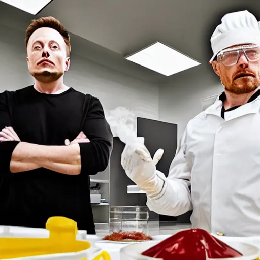 Prompt: elon musk and walter white cooking meth in a laboratory, amazing detail, detailed faces, sharp, 8k