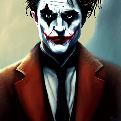 Image similar to handsome Robert Pattinson as Joker, western, D&D, fantasy, intricate, elegant, highly detailed, digital painting, artstation, concept art, matte, sharp focus, illustration, art by Artgerm and Greg Rutkowski and Alphonse Mucha