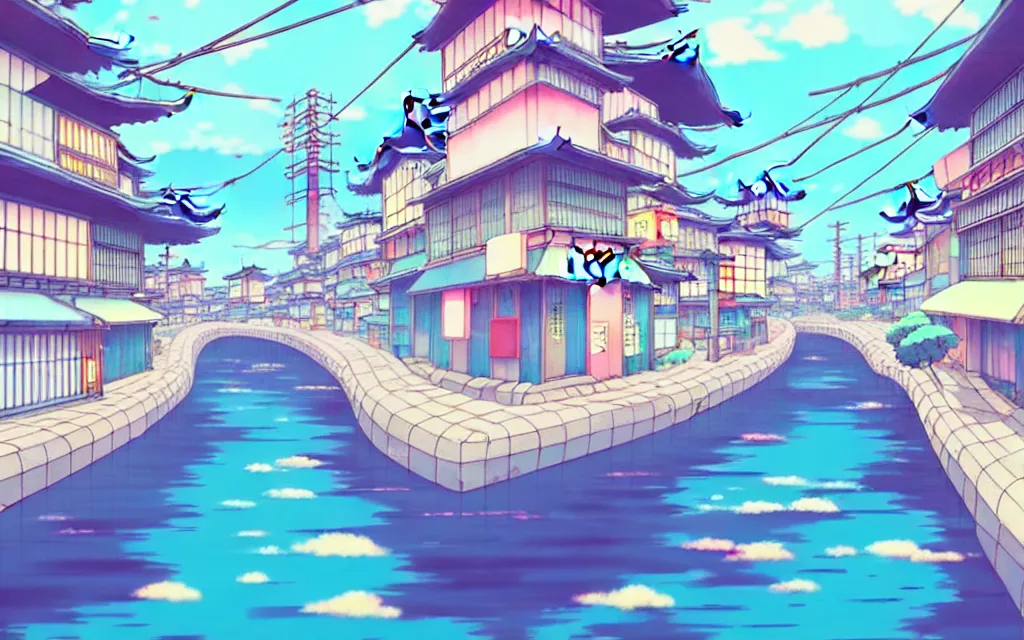 Image similar to a japanese city near the sea, lofi, dreamy, moody, very colorful, anime inspiration, ghibli vibe