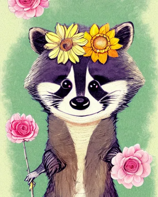 Image similar to a storybook illustration of a smiling happy cute raccoon wearing a flower crown, by antoine de saint - exupery and annabel kidston and naomi okubo and jean - baptiste monge. a child storybook illustration, muted colors, soft colors, low saturation, fine lines, white paper