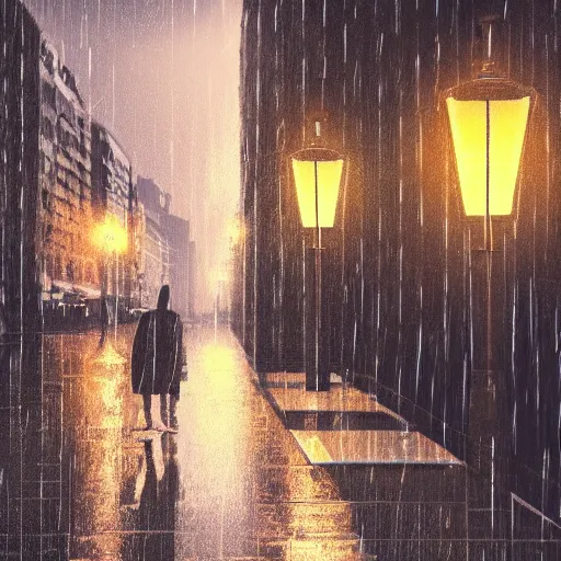 Prompt: a cute orange tabby cat on a sidewalk, it is night and raining, street lamps are illuminating the street, moody lighting, peaceful atmosphere, digital art, highly detailed, high contrast, beautiful lighting, award winning, trending on art station, 8 k,