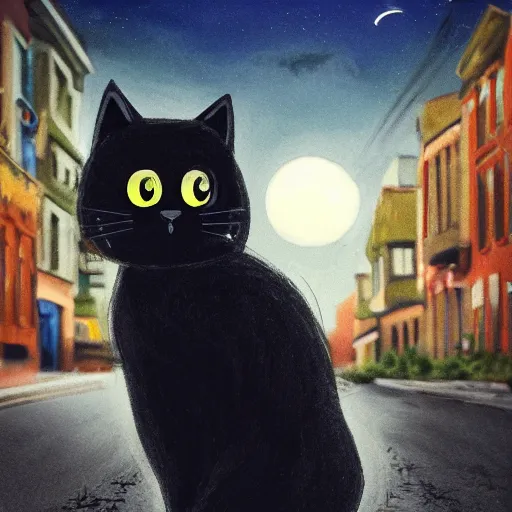 Prompt: the most beautiful black cat ever seen with big eyes in the middle of the street at mid night with the moon in the sky. Photo taken by Amber Bracken. Award winning. Unreal 5. Realistic. Highly detailed. Artstation. Professional photographer.