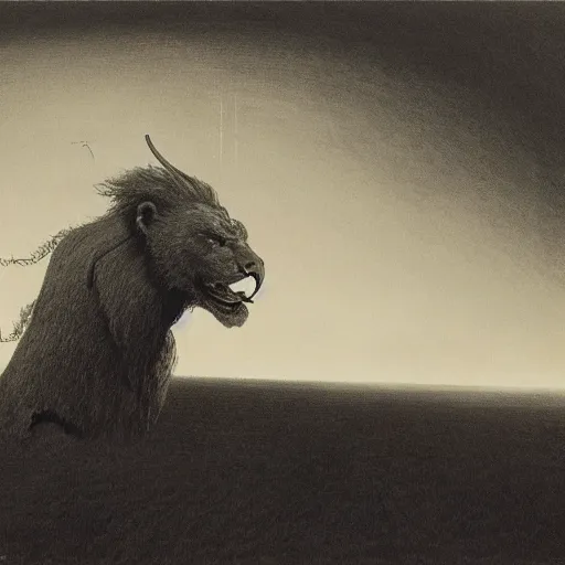Image similar to a creature with the body and eyes of a man, with the beak of an eagle, the mane of a lion, and the horn of an ox. drawn by zdzislaw beksinski