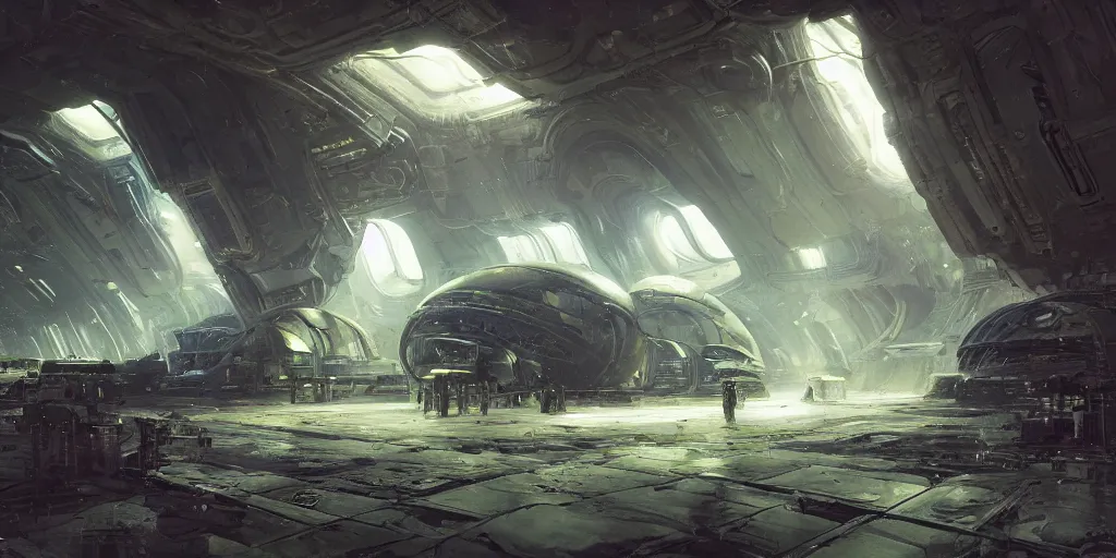 Image similar to an extremely detailed masterpiece epic color scene of the inside of a cavernous spaceship extraterrestrial pilots an opened hanger door and space in background, in the style of greg rutkowski and frank paul lehr and lebbeus woods, intricate, elegant, highly detailed, digital painting, artstation, cinematic lighting, extremely moody lighting, glowing light and shadow, 4 k