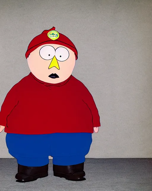 Image similar to Studio Photograph of a real life Eric Cartman from South Park shot in the Style of Annie Leibovitz in front of the Lincoln Memorial