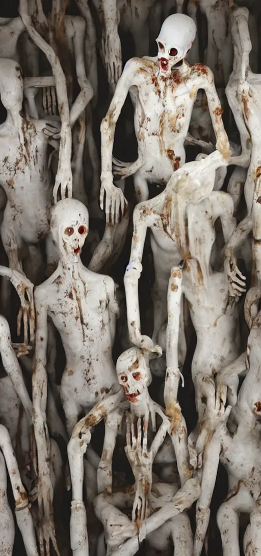 Image similar to scary white mannequin with rusty pipes sticking out of it, body horror, dark, human faces, screaming, scary, horror, hyperrealistic,