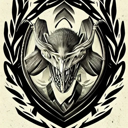 Prompt: t. horridus fossil head, family crest, style of kilian eng, light, simple, illustration, deviantart tattoo,