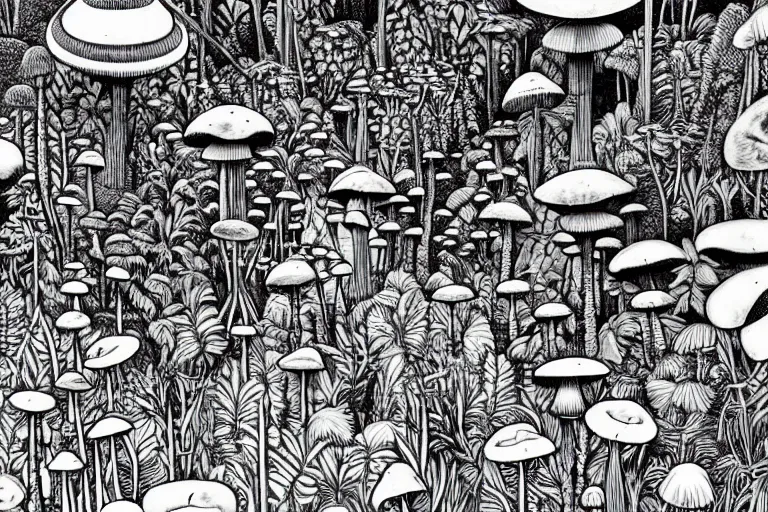 Prompt: surreal line art by ricardo bofill!!, a lot of jungle flowers!!! and plants!! + poison toxic mushrooms surrounded by cables + long grass + garden dwarf + big stone + mystic fog, 5 0's vintage sci - fi style, rule of third!!!!, line art, 8 k, super detailed, high quality, top view