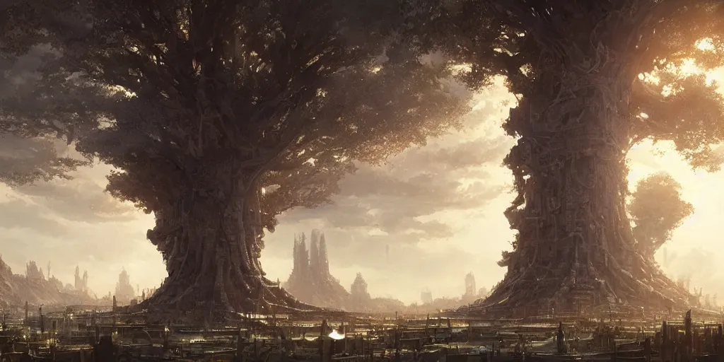 Prompt: a vast city built in an ancient tree, greg rutkowski, 8 k, shallow depth of field, intricate detail, concept art,