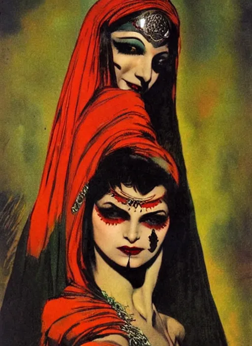 Image similar to female indian vampiress, jeweled veil, heavy mascara, strong line, saturated color, beautiful! coherent! by frank frazetta, high contrast, minimalism