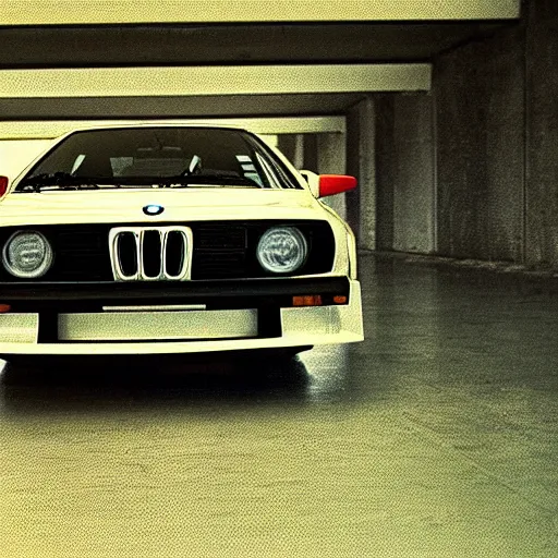 Image similar to 1979 BMW M1, inside of an badly lit 1970s parking garage, ektachrome photograph, volumetric lighting, f8 aperture, cinematic Eastman 5384 film