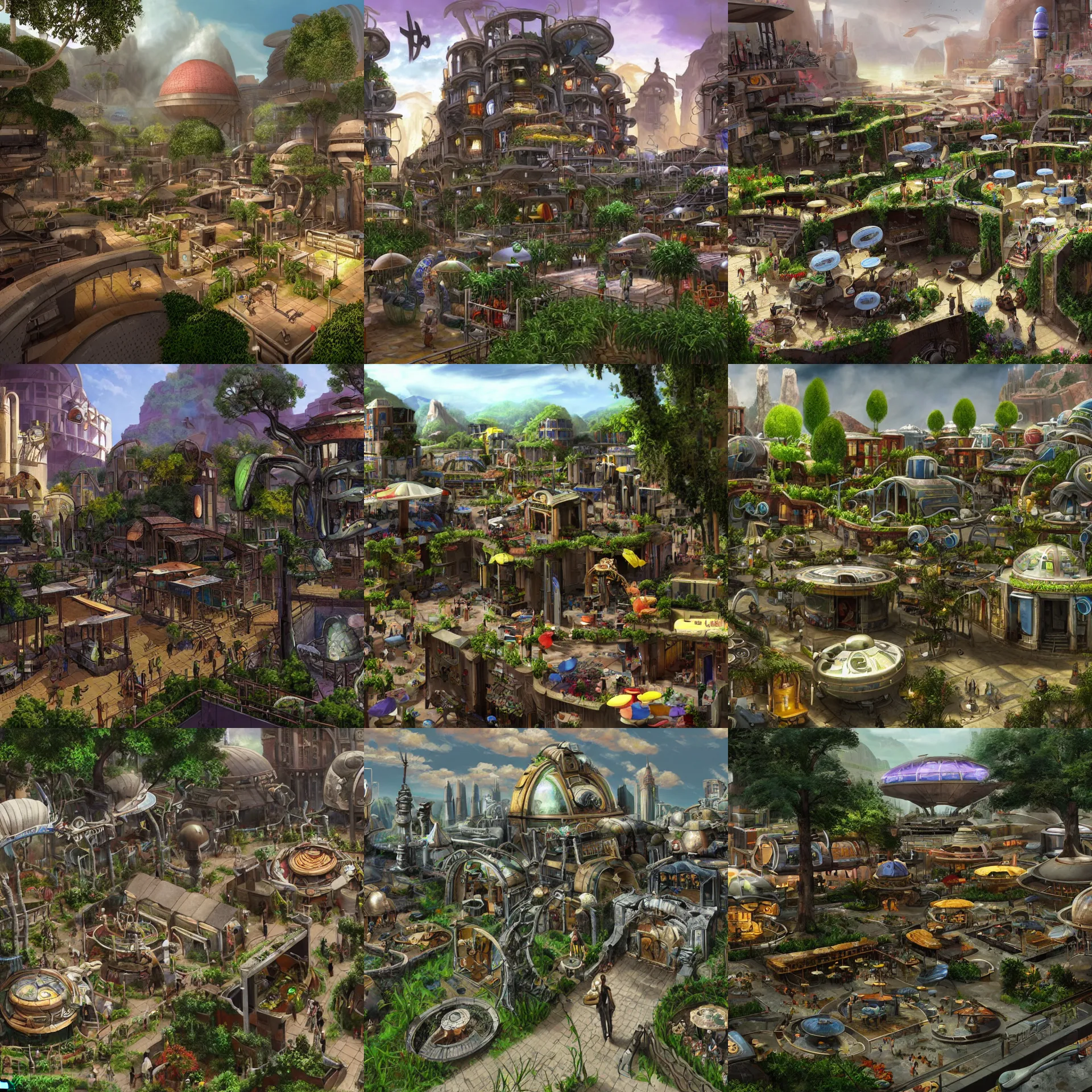 Prompt: a open plaza area with a restaurant at the side, in the middle of a small settlement, with buildings made from modular capsules, on an alien grassland, on an alien planet, from a space themed point and click 2 d graphic adventure game, set design inspired by hg giger and ridley scott and tomb raider, art inspired by thomas kinkade