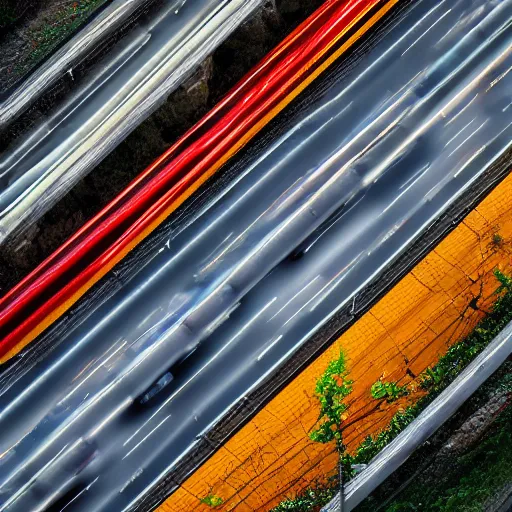 Prompt: a stunning aesthetic wallpaper of a highway full of traffic with a train track and bus lane, photograph by leon macapagal, 8 k, motion blur, soft focus, cinematic lighting, trending on flicker.