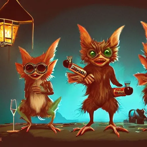 Image similar to gremlins having drinks in rustic night club, artstation,