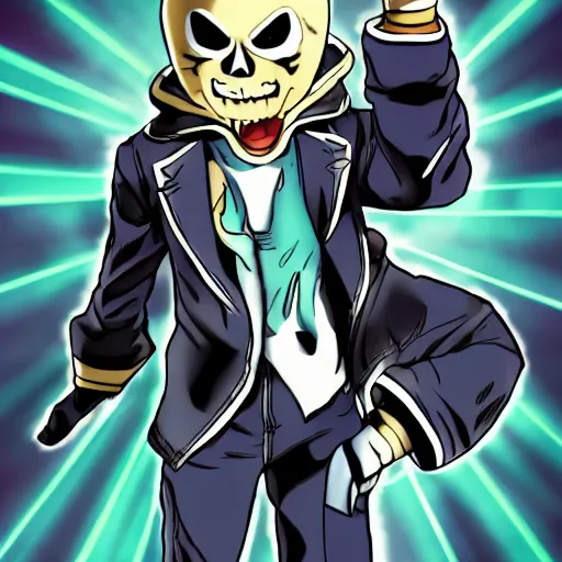 Prompt: Sans from undertale drawn in Jojo's Bizarre Adventure doing a jojo pose