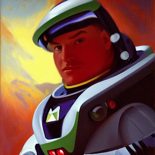 Image similar to portrait painting of buzz lightyear. in a red space suit with communist symbols. symmetry. depth of field. intricate details. 8 k. artistic light. vintage style. trending on artstation. art by john singer sargent - adolphe bouguereau.