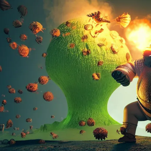 Image similar to highly detailed octane render of a short ugly fat man with a giant beard and wearing armour, goggles and a safety hat whilst laughing at a green mushroom cloud surrounded by dead insects in a cave