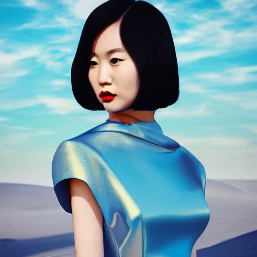 Image similar to innovative avant-garde art, deco fashion, asian women, wearing sky blue dress, highly detailed, photorealistic portrait, serene desert setting, golden hour, crisp quality and light reflections, unreal engine 5 quality render, 4k, by Rei Kawakubo