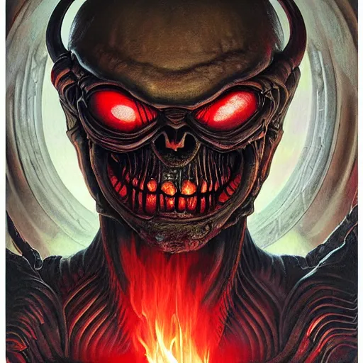 Prompt: doom giger alien demon portrait in hell, fire and flame , Pixar style, by Tristan Eaton Stanley Artgerm and Tom Bagshaw.