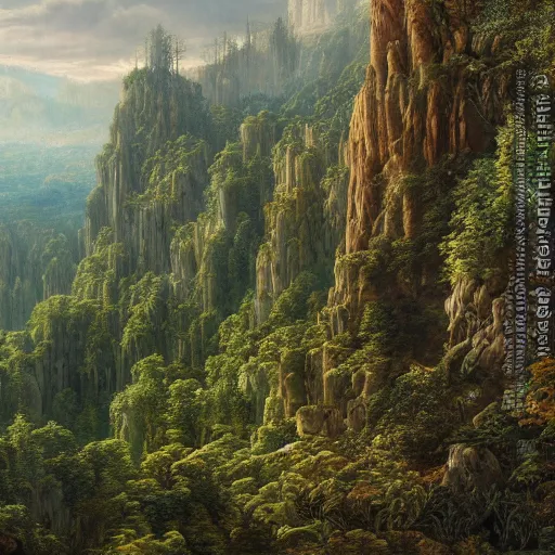 Image similar to a beautiful and highly detailed matte painting of a dreamy valley deep in the foresty mountains, intricate details, epic scale, insanely complex, 8 k, sharp focus, hyperrealism, very realistic, by caspar friedrich, james gurney, brian froud,