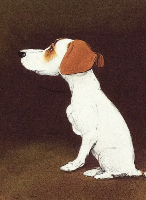 Image similar to candid portrait of a jack russel terrier howling, side view, illustrated by peggy fortnum and beatrix potter and sir john tenniel