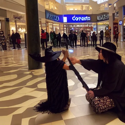 Image similar to security camera footage of a witch performing a complex ritual in the middle of a mall, eerie light