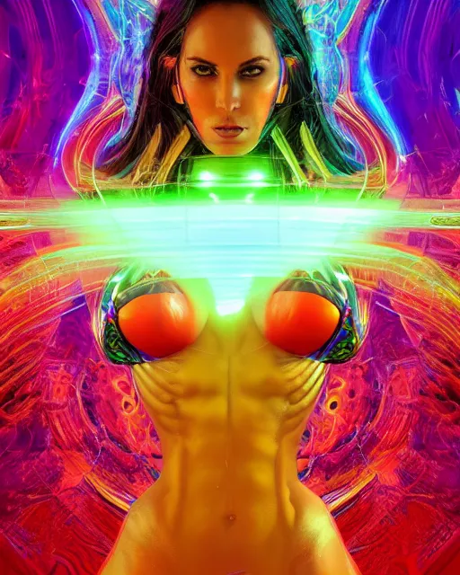 Image similar to a powerful energy psychedelic matrix woman, by alexander fedosav, hyper detailed digital matte painting, concept art, hyperrealism, 1 6 k resolution, cinema 4 d, 8 k resolution, trending on artstation, behance hd, a masterpiece, by stephan martiniere, particles, cel - shaded, power bright neon energy, by david a. hardy,