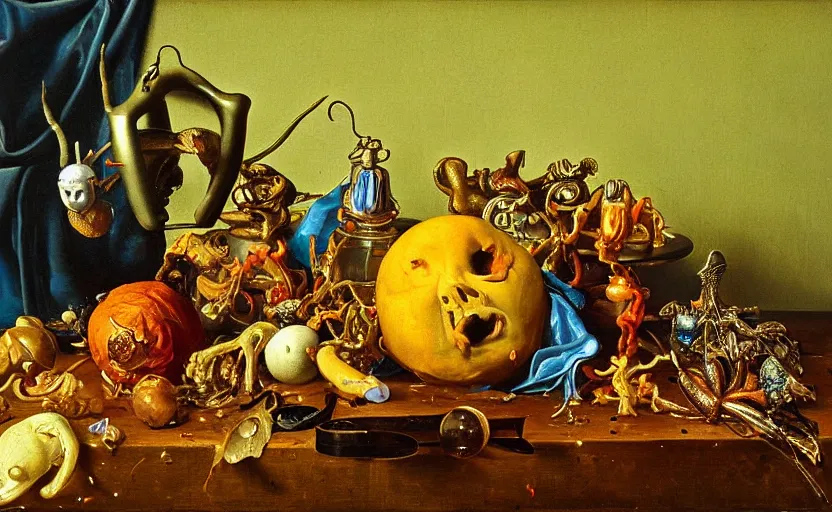 Image similar to disturbing colorful oil painting dutch golden age vanitas still life with bizarre objects strange gooey surfaces shiny metal bizarre insects rubber silk rachel ruysch dali todd schorr very detailed perfect composition rule of thirds masterpiece chiaroscuro canon 5 0 mm, cinematic lighting, photography, retro, film, kodachrome