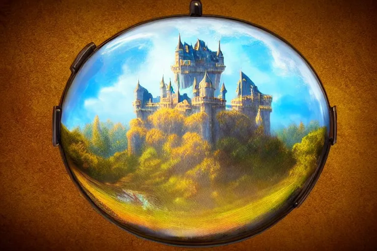 Prompt: castle, fantasy, painting, chrome, reflect, ultra realistic!!!, clear weather, golden hour, sharp focus