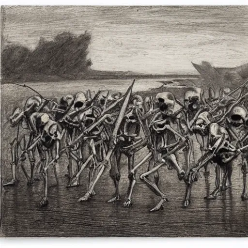 Image similar to an army of skeletons rising from a river by alfred stevens, charcoal